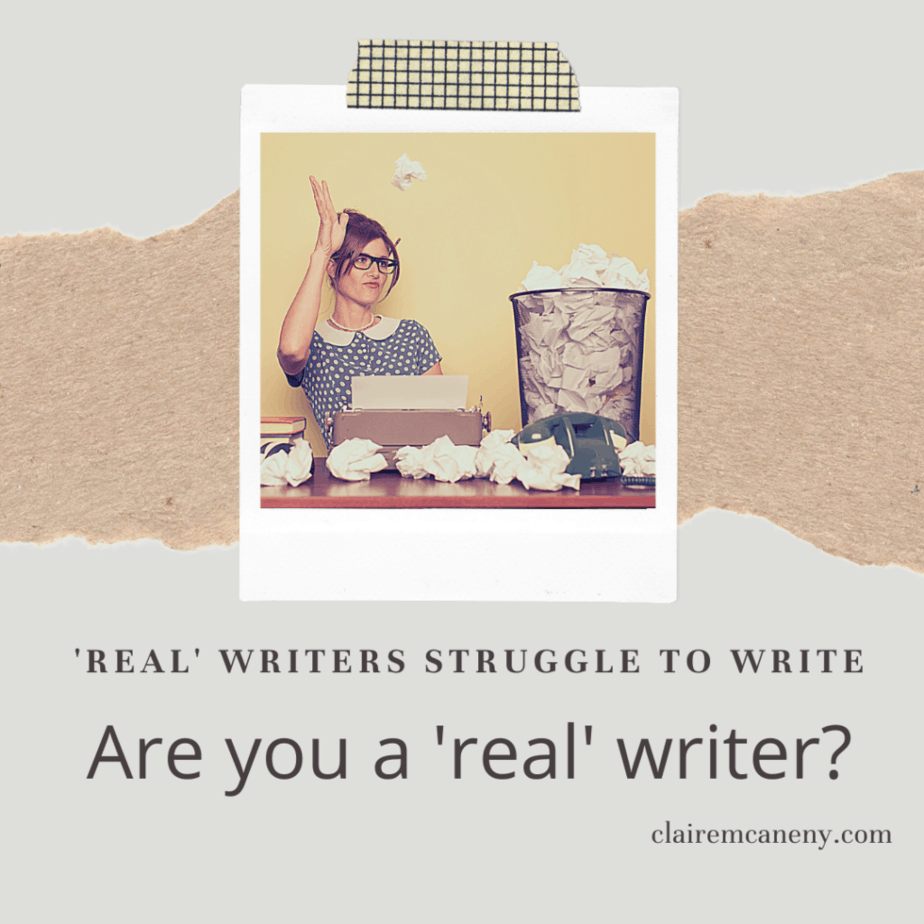 A frustrated woman is throwing crumpled up paper into an already full waste basket. The words are 'Real writers struggle to write. Are you a real writer?
