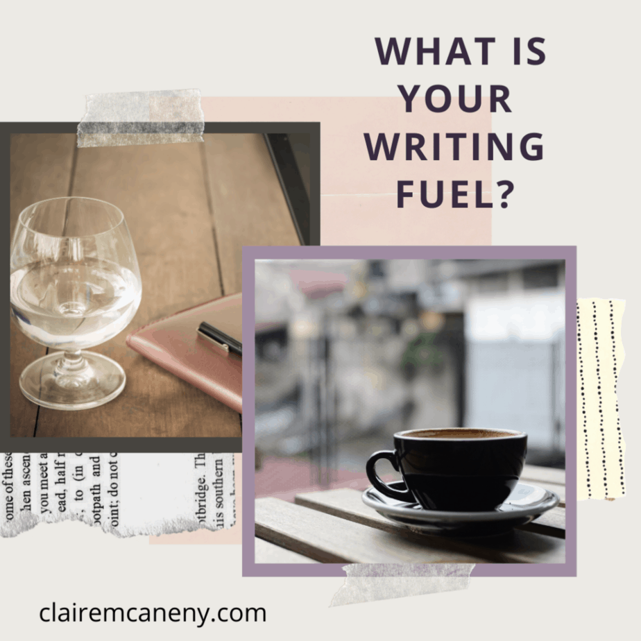 A photograph of a glass of water and cup of coffee to help you with writing related activities. The words 'What is you writing fuel' above them.