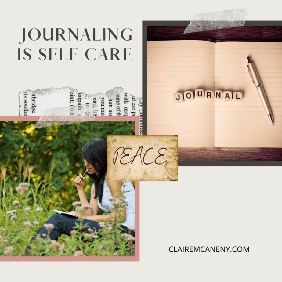 Journaling is self care. Girl sitting in long grass with a pen and notebook. When you are struggling with how to find the time to write journaling can help.